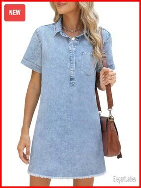 Denim Dress for Women Cute Babydoll Shirt Dress with Pockets A-Line Mini